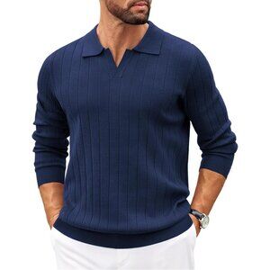 Coofandy Men Navy Blue Polo Long Sleeve V Neck Knit Lightweight Pullover Sweater